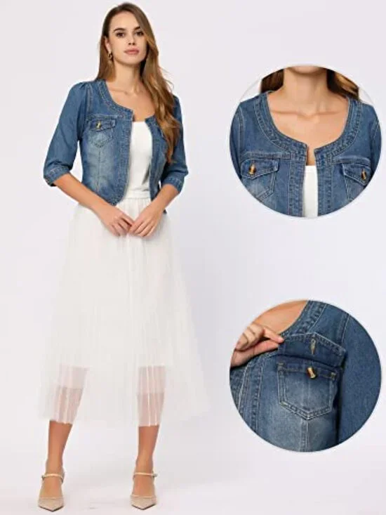 🆕 Denim Jacket for Women's Collarless Cardigan 3/4 Sleeve Crop Jean Jackets - Picture 4 of 7